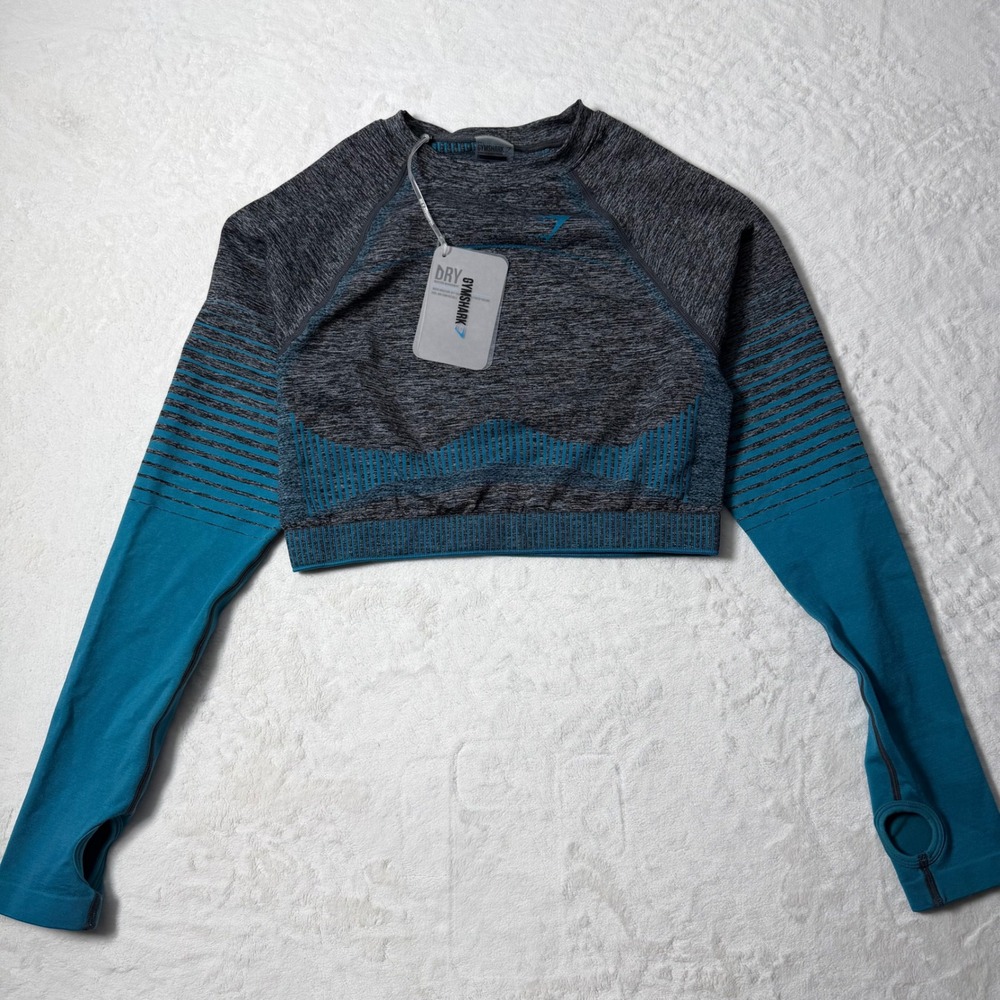 Gymshark Seamless Long Sleeve Crop Top Women's Size L‎ Grey Blue Thumbholes NWT